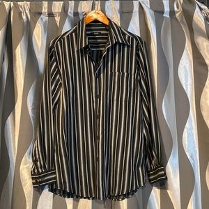 Mens black dress shirt with white and grey stripes